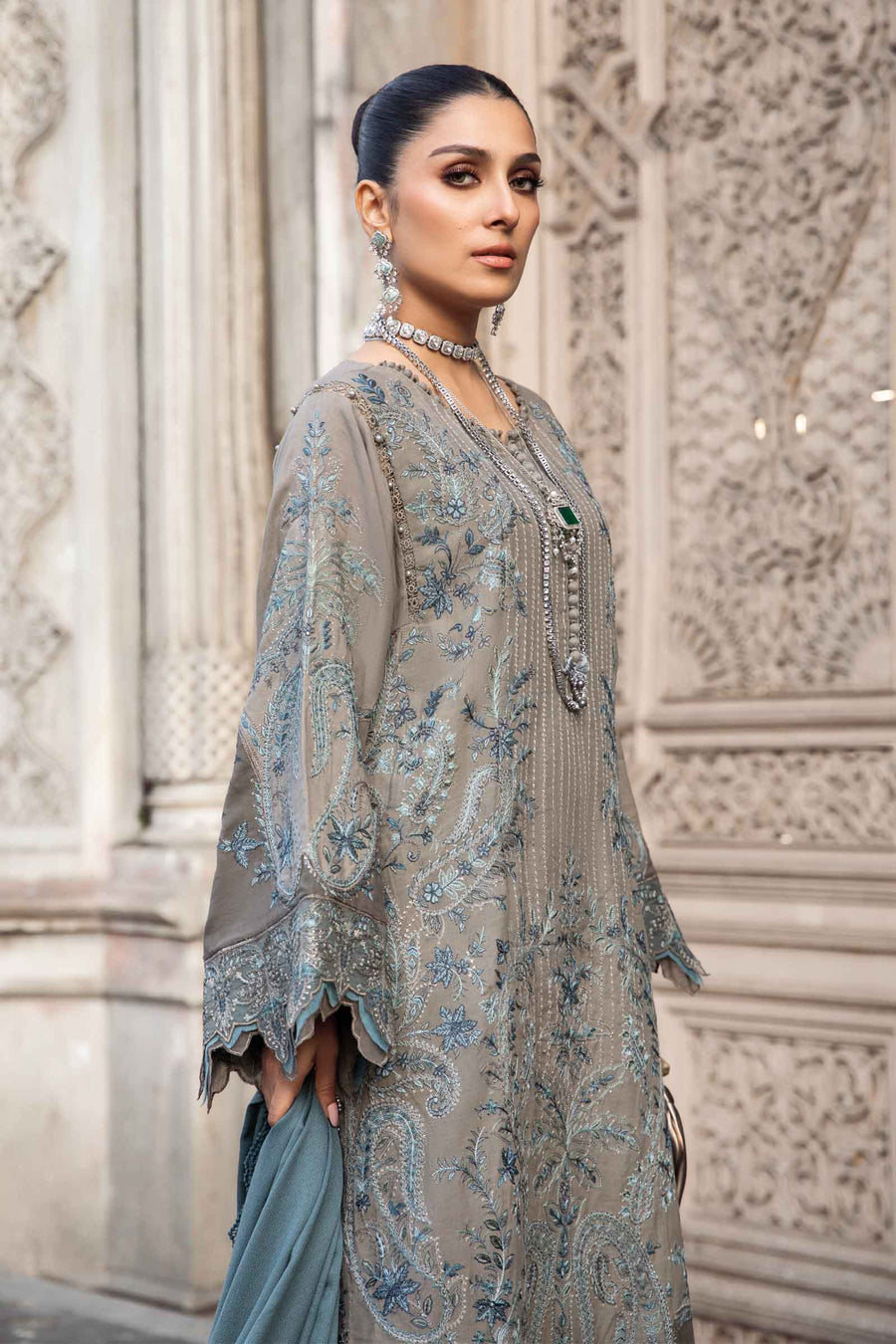 3 Piece Unstitched Heavy Embroidered Dhanak Suit with Heavy Embroidered Dhanak Wool Shawl - Motif