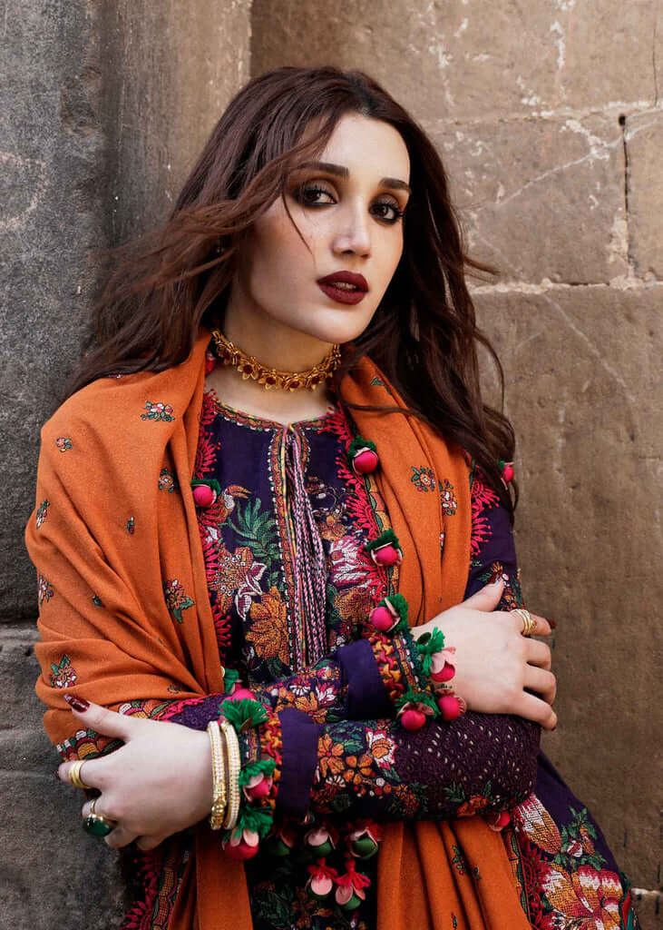 3 Piece Unstitched Heavy Embroidered Dhanak Wool Suit ( Heavy Embroidered Dhanak Shawl ) - Motif