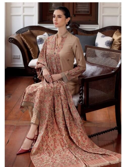 3 Piece Unstitched Heavy Embroidered Dhanak Wool Suit ( Heavy Embroidered Dhanak Shawl ) - Motif