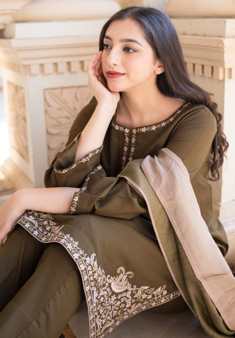 3 Piece Unstitched Fully Embroided Dhanak Stuff with Dhanak Wool Shawal - Motif