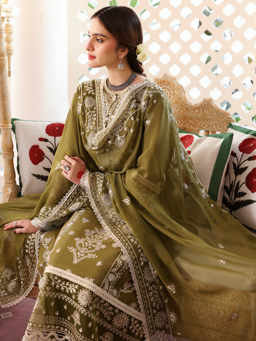Unstitched 3 Piece Fully Embroidered Lawn Suit with Embroidered Organza Dupatta