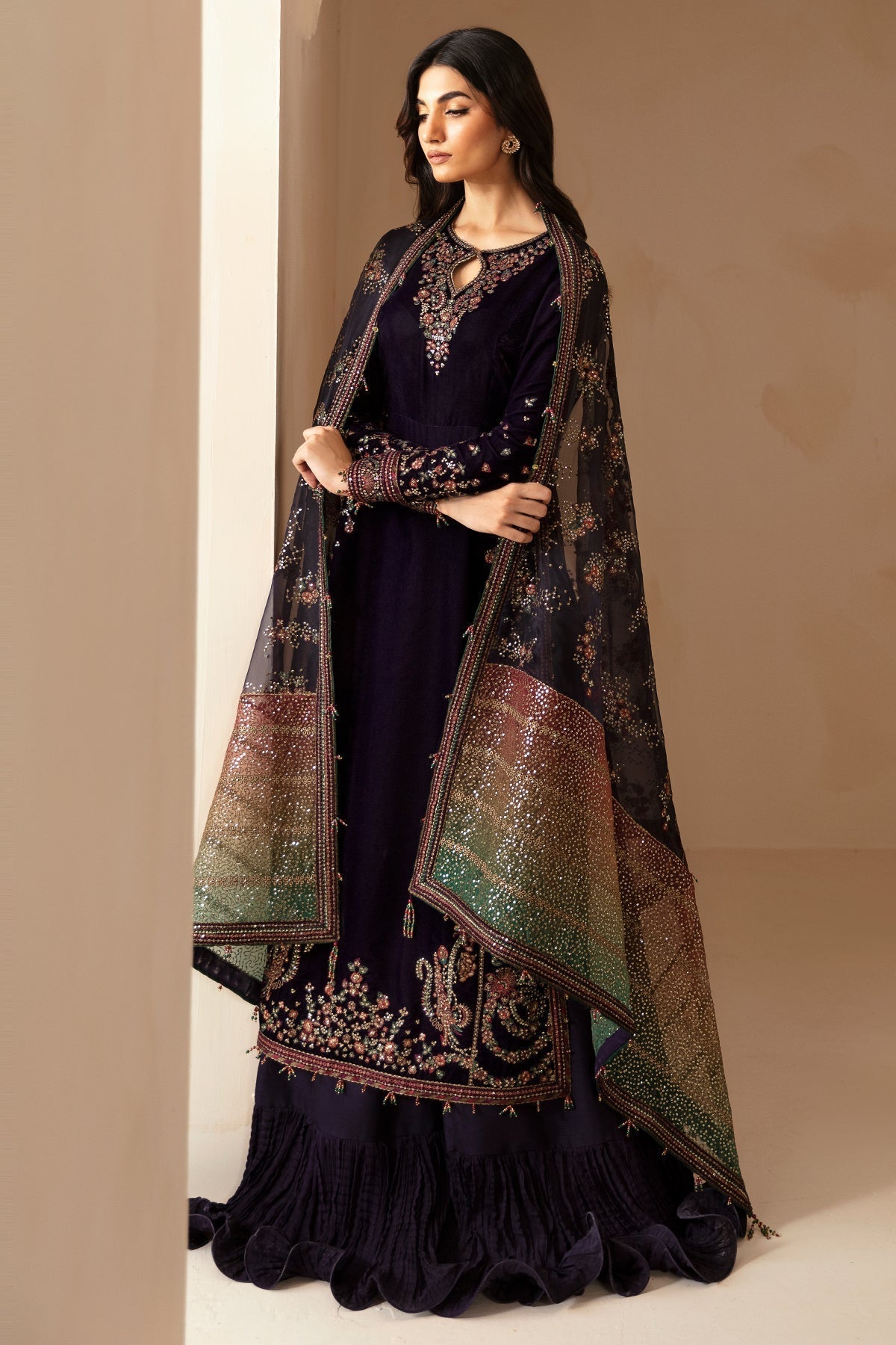 Unstitched 3 Piece Fully Embroidered Velvet Suit with Embroidered Chiffon Dupatta