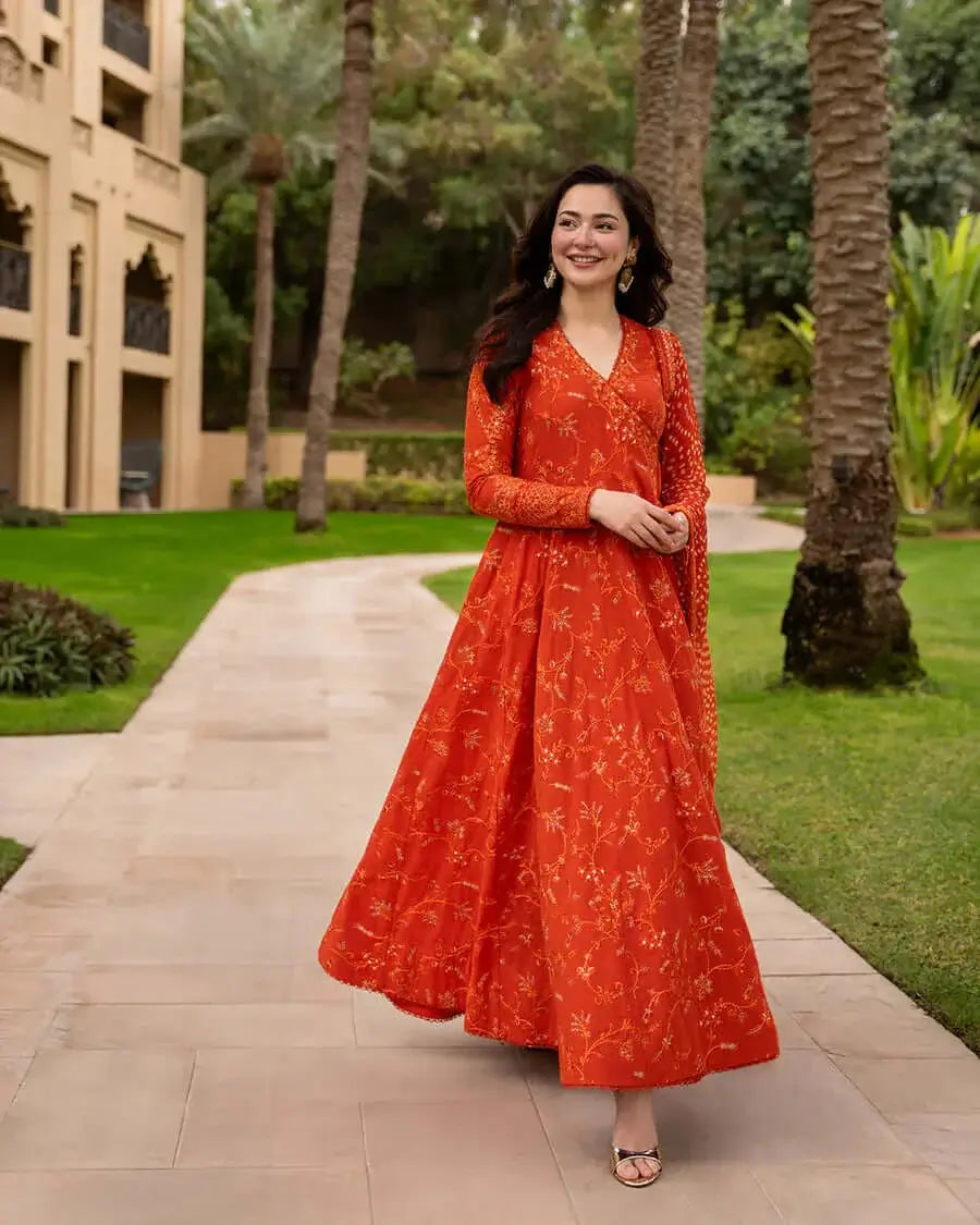 Unstitched 3 Pec Fully Embroidered Lawn Frock With Printed Dupatta And 4 sided Lace