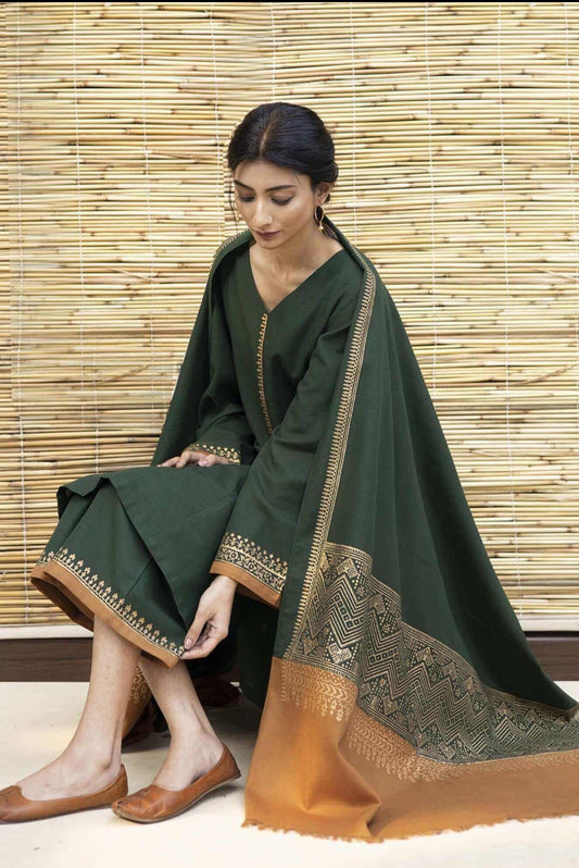 3 Piece Unstitched Embroidered Dhanak Suit ( Dhanak Wool Printed Dupatta ) - Motif