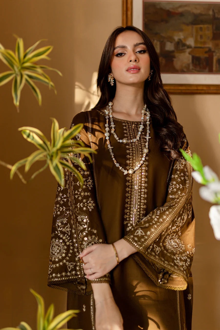 Embroidered Dhanak 2 Piece Shirt With Dyed Trouser - Motif