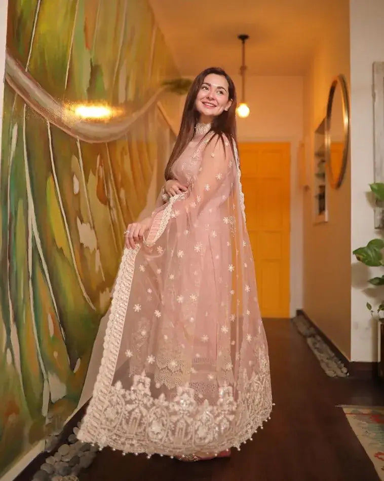 3 Piece Unstitched Heavy Embroidered Lawn Suit ( Fully Embroidered Organza Dupatta ) - Motif