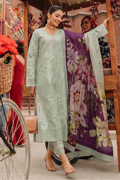 3 Piece Unstitched Heavy Embroidered Chickan Kari Lawn Suit ( Printed Silk Dupatta ) - Motif