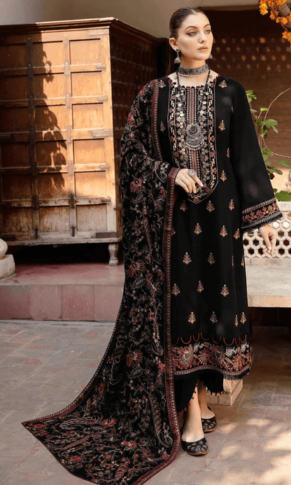 3 Piece Unstitched Heavy Embroidered Dhanak Wool Suit ( Heavy Embroidered Dhanak Shawl ) - Motif