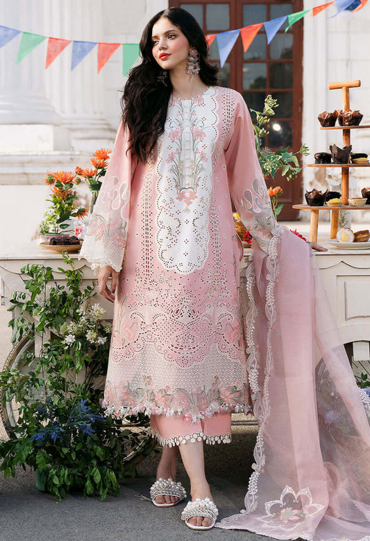 Unstitched chicken Kari 3 Piece pure Lawn Dress Fully Embroidered With Heavy Embroidered Organza Dupatta