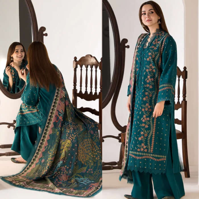 Unstitched 3 Piece Fully Embroidered Lawn Suit with Printed Silk Dupatta