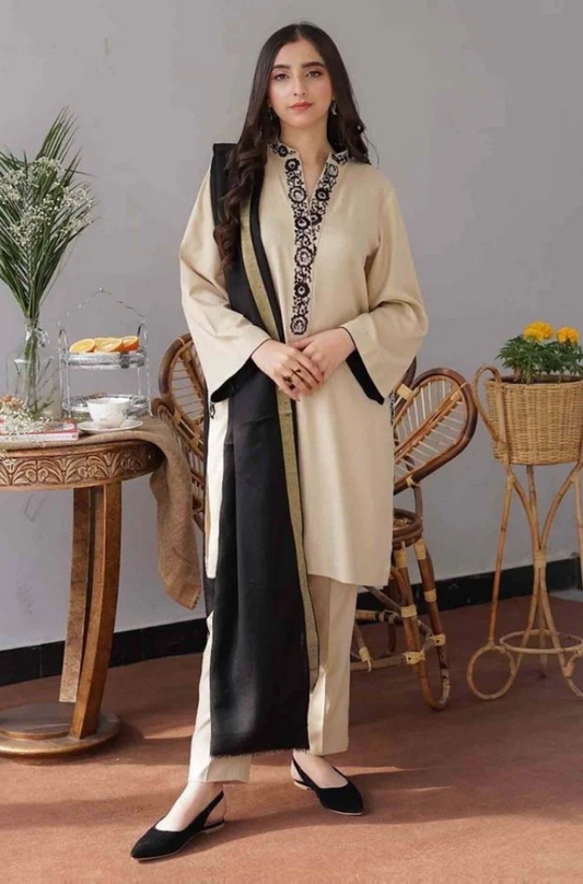 3 Piece Unstitched Embroidered Dhanak Suit with Dhanak Wool Shawl - Motif