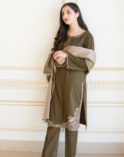 3 Piece Unstitched Fully Embroided Dhanak Stuff with Dhanak Wool Shawal - Motif