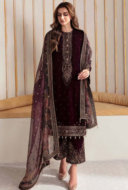 3 Piece Unstitched Heavy Embroidered Velvet Suit with Digital Printed Organza Dupatta - Motif
