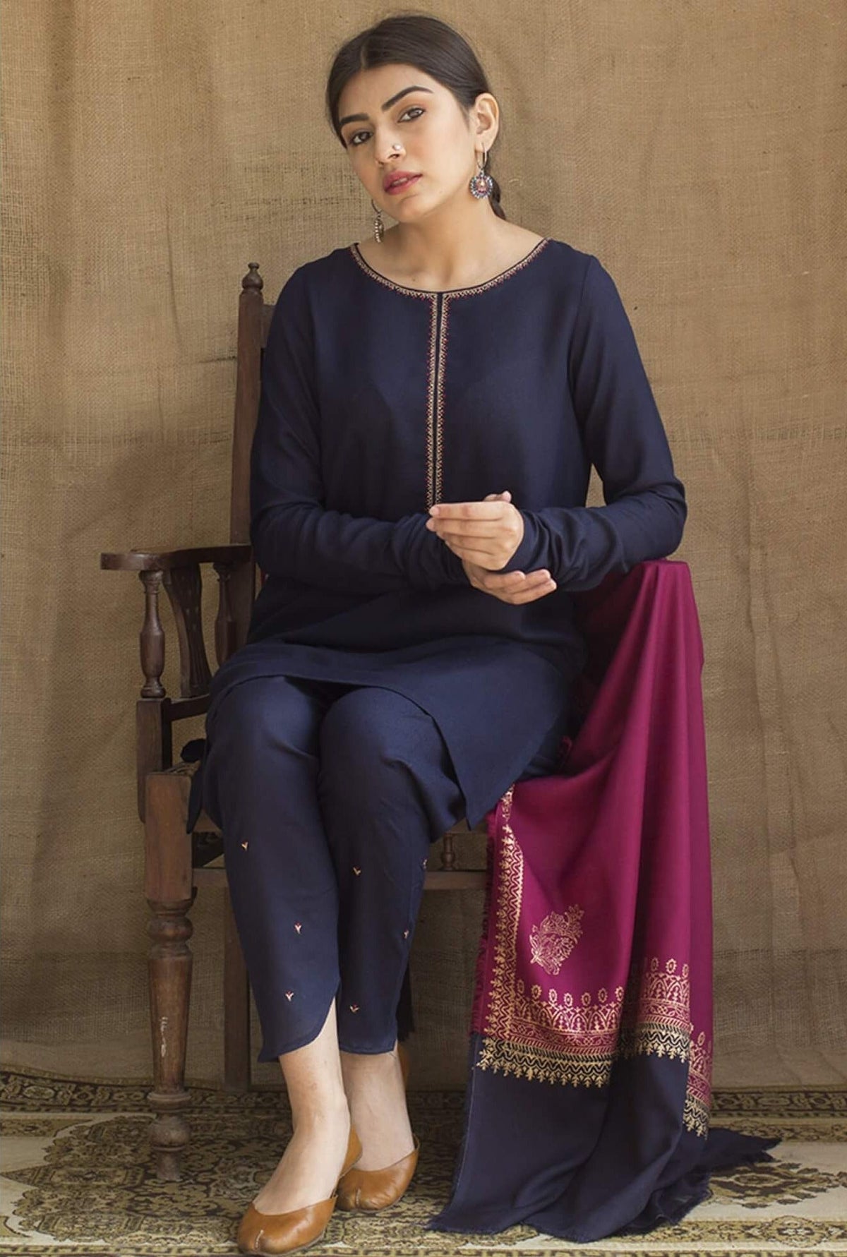 3 Piece Unstitched Heavy Embroidered Dhanak Suit ( Printed Woolen Dupatta ) - Motif