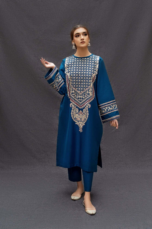Embroidered Dhanak 2 Piece Shirt With Dyed Trouser - Motif