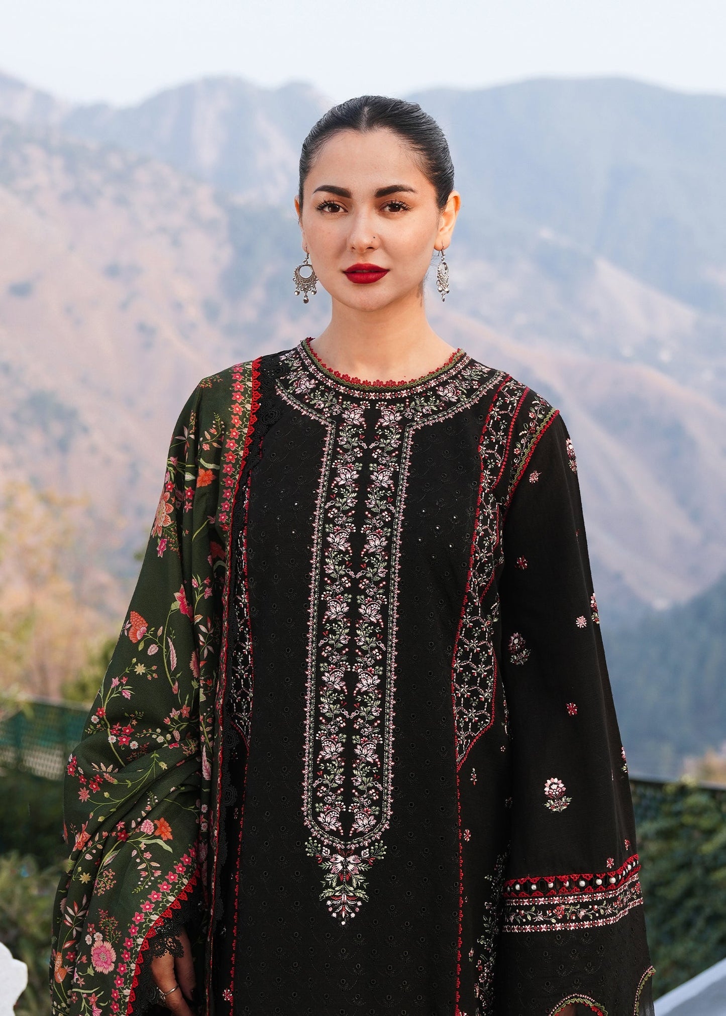 Unstitched 3 Piece Fully Embroidered Dhanak Suit with Printed Woolen Shawl