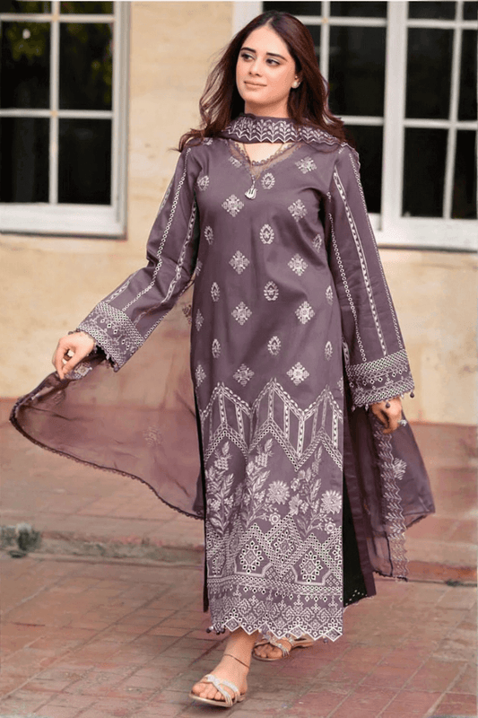 Unstitched 3 Piece Fully Embroidered Lawn Suit with Embroidered Shiffon Dupatta