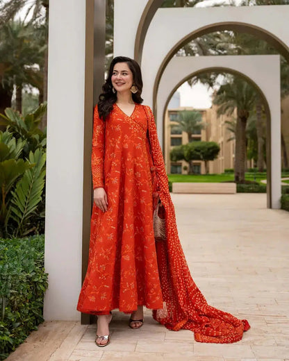 Unstitched 3 Pec Fully Embroidered Lawn Frock With Printed Dupatta And 4 sided Lace