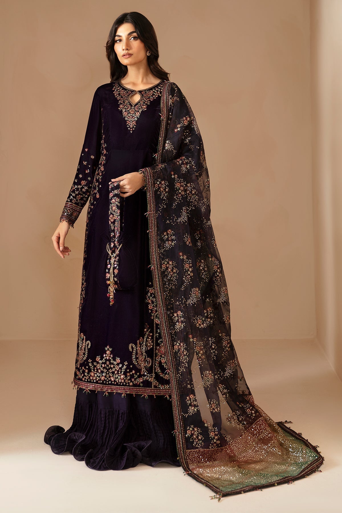 Unstitched 3 Piece Fully Embroidered Velvet Suit with Embroidered Chiffon Dupatta