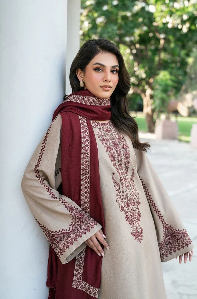 3 Piece Unstitched Fully Embroidered Dhanak Fabric With Dhanak Embroidered shawl