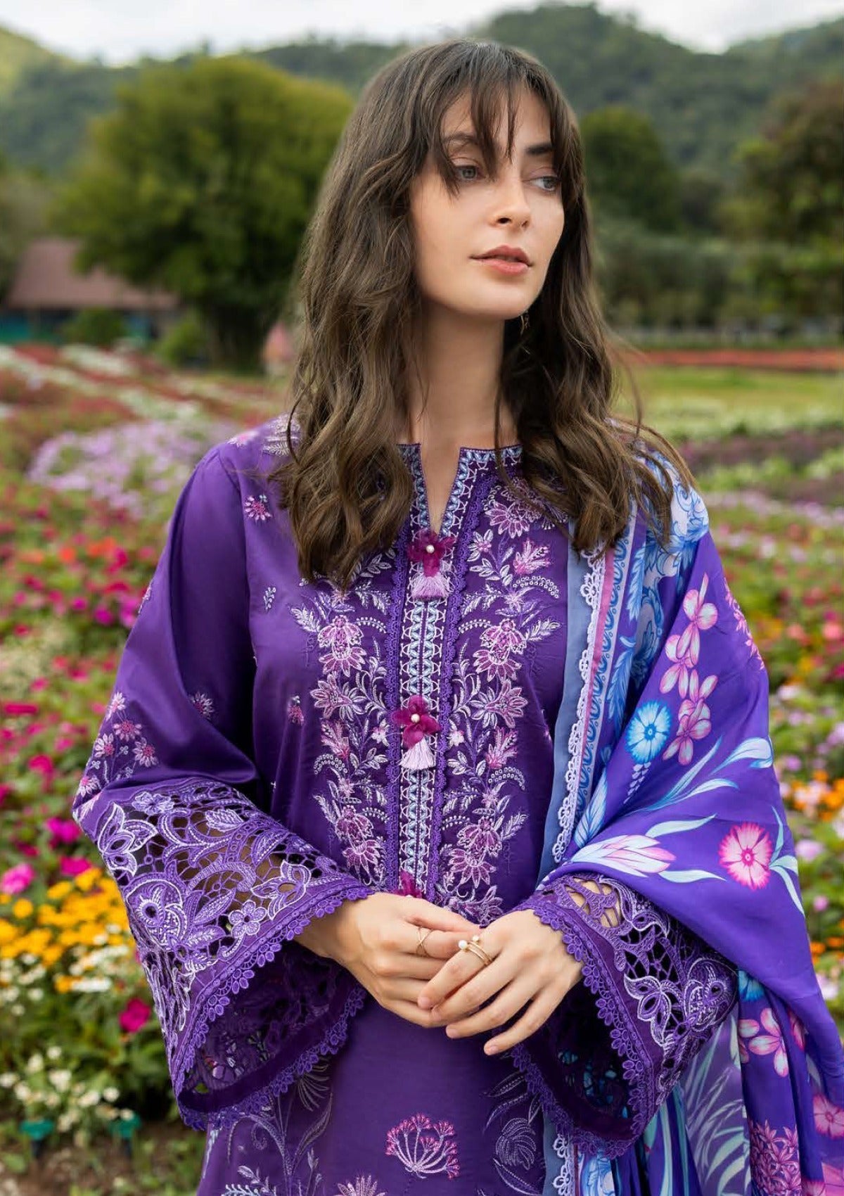 Unstitched 3 Piece Fully Embroidered Lawn Suit With Printed Monar Dupatta