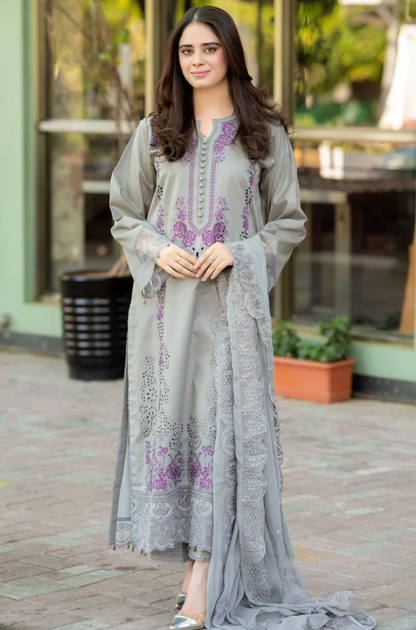 Unstitched 3 Piece Fully Embroidered Lawn Suit With Embroidered Shiffon Dupatta
