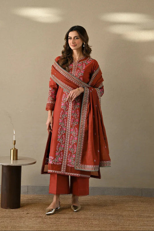 Unstitched 3 Piece Fully Embroidered Dhanak Suit with Four Sided Embroidered Dhanak Shawl