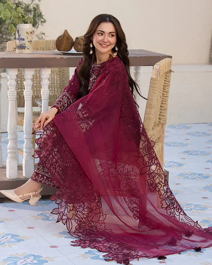 Unstitched 3 Piece Fully Embroidered Lawn Dress with Embroidered Organza Dupatta