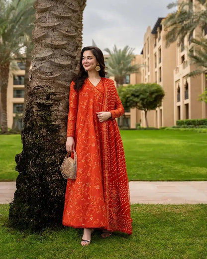 Unstitched 3 Pec Fully Embroidered Lawn Frock With Printed Dupatta And 4 sided Lace