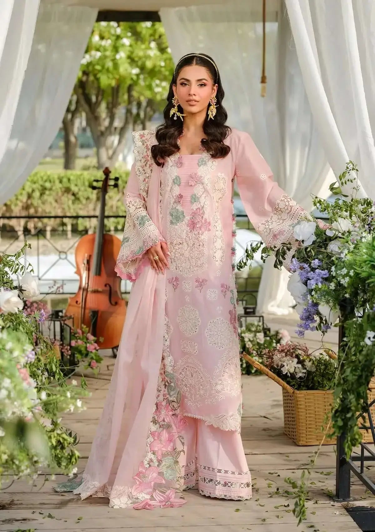 Unstitched 3 Piece Fully Embroidered Lawn Suit With Embroidered Cotton Net Dupatta