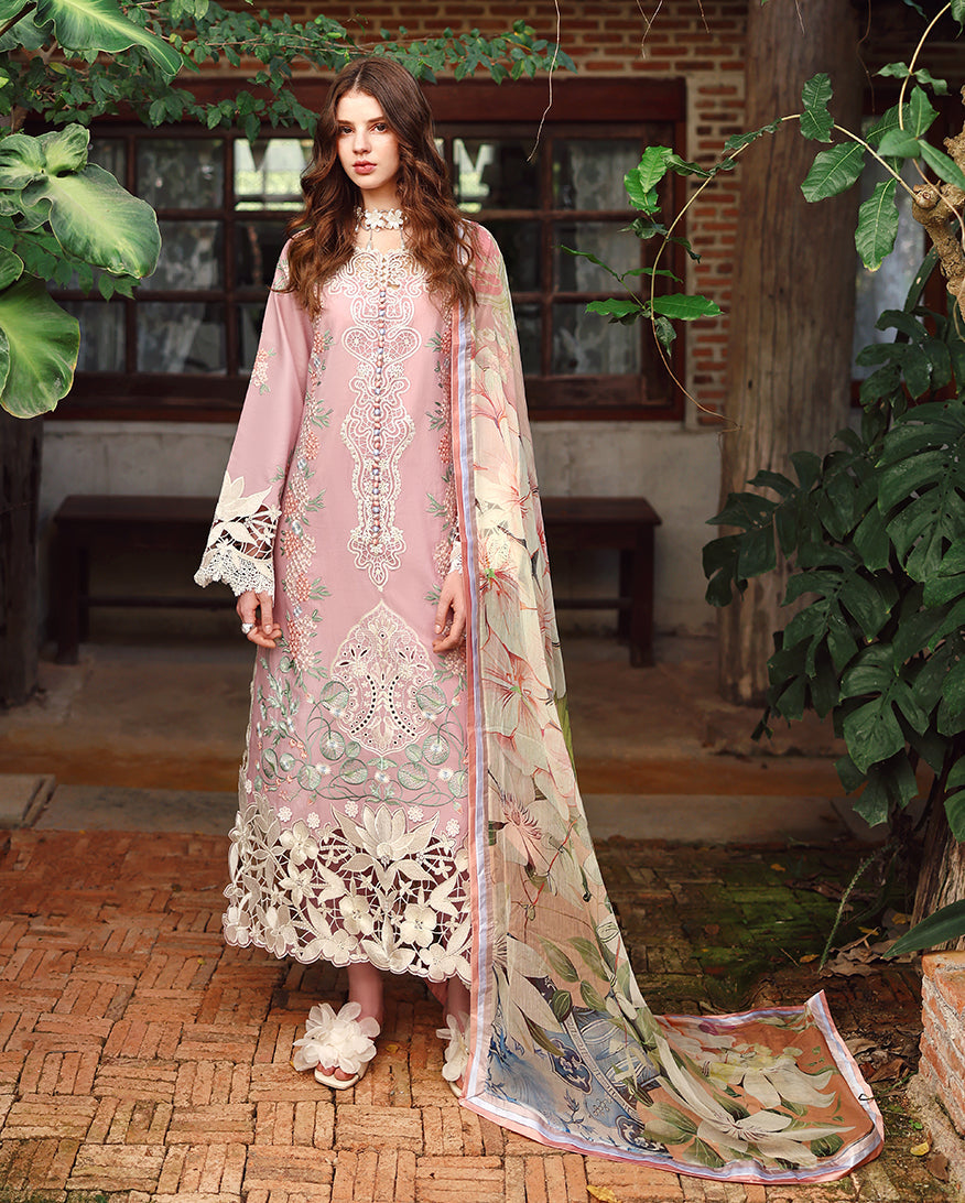 Unstitched 3 Pec Fully Embroidered Lawn Suit With Printed Silk Dupatta