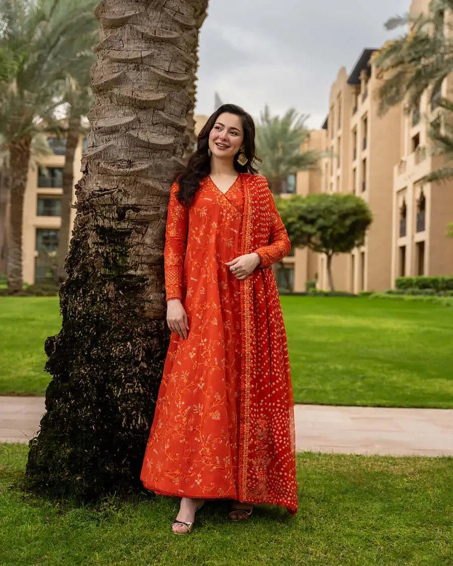 Unstitched 3 Pec Fully Embroidered Lawn Frock With Printed Dupatta And 4 sided Lace