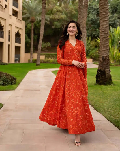 Unstitched 3 Pec Fully Embroidered Lawn Frock With Printed Dupatta And 4 sided Lace