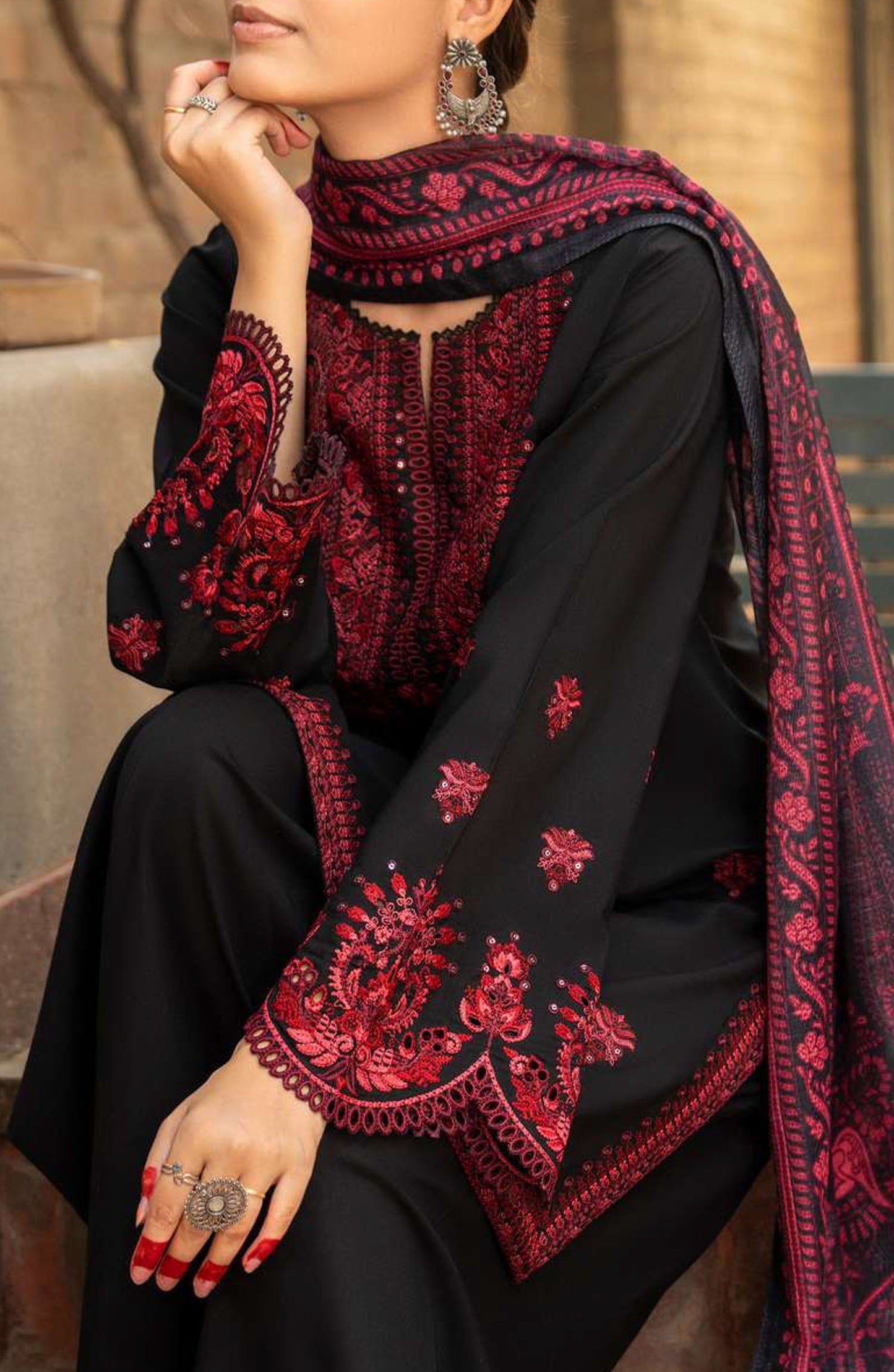 Unstitched 3 Piece Fully Embroidered Suit With Embroidered Dhanak Shawl