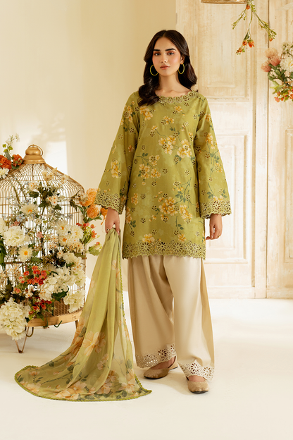Unstitched 3 Pec Digital Printing & Embroidered Lawn Suit With Printed Polly Lawn Dupatta
