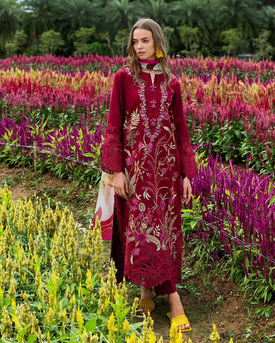 Unstitched 3 Piece Fully Embroidered Lawn Suit With Printed Shiffon Dupatta