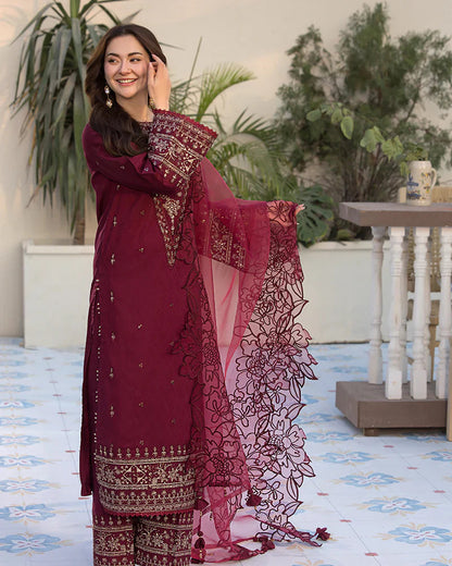 Unstitched 3 Piece Fully Embroidered Lawn Dress with Embroidered Organza Dupatta