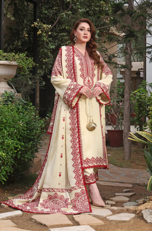 Unstitched 3 Piece Fully Embroidered Dhanak Suit with Printed Dhanak Shawl