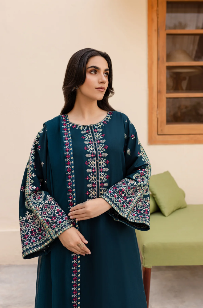 Unstitched 3 Piece Embroidered Dhanak Suit with Embroidered Dhanak Shawl