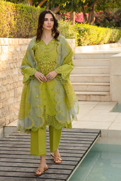 Unstitched 3 Piece Fully Embroidered Lawn Suit With Embroidered Cotton Net Dupatta