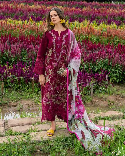 Unstitched 3 Piece Fully Embroidered Lawn Suit With Printed Shiffon Dupatta