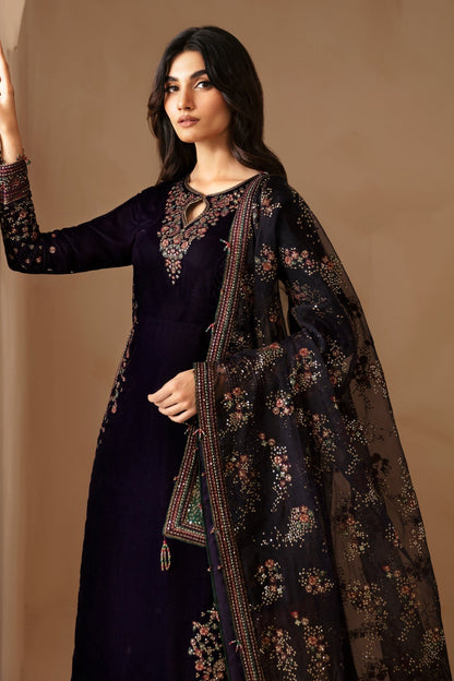 Unstitched 3 Piece Fully Embroidered Velvet Suit with Embroidered Chiffon Dupatta