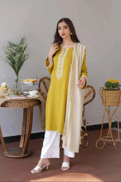 3 Piece Unstitched Heavy Embroidered Dhanak Suit with Dhanak Wool Plain Dyed Shawl