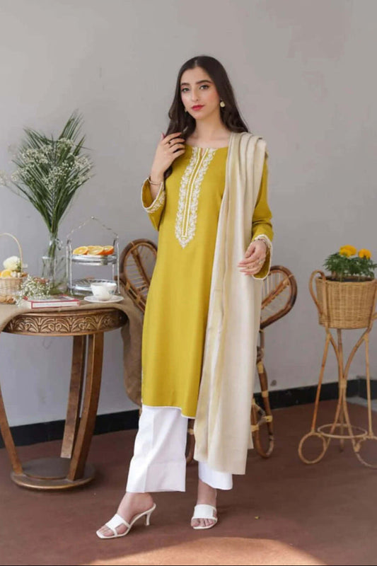 3 Piece Unstitched Heavy Embroidered Dhanak Suit with Dhanak Wool Plain Dyed Shawl
